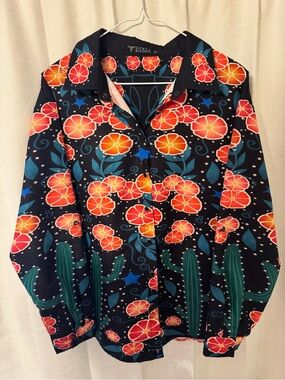 Lucky & Blessed Navy Button-Down with Orange Floral & Teal Cactus Print